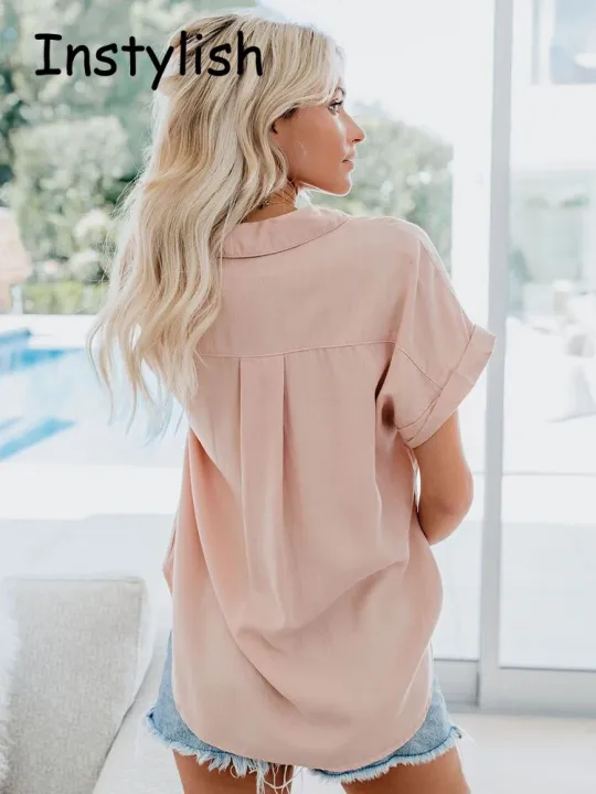 Women%20Elegant%20Solid%20Blouse%20and%20Shirt%20Summer%20Short%20Sleeve%20Turn%20Down%20Collar%20Loose%20Tunics%20Luxury%20Chic%20Blouse%20Streetwear%20Tops%202023%20-%20Image%205
