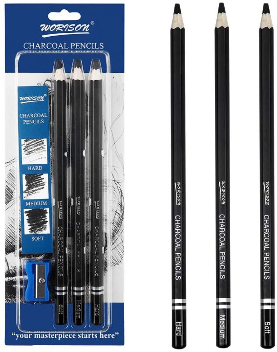 Worison Hard Midium Soft Black Charcoal Pencils With sharpner