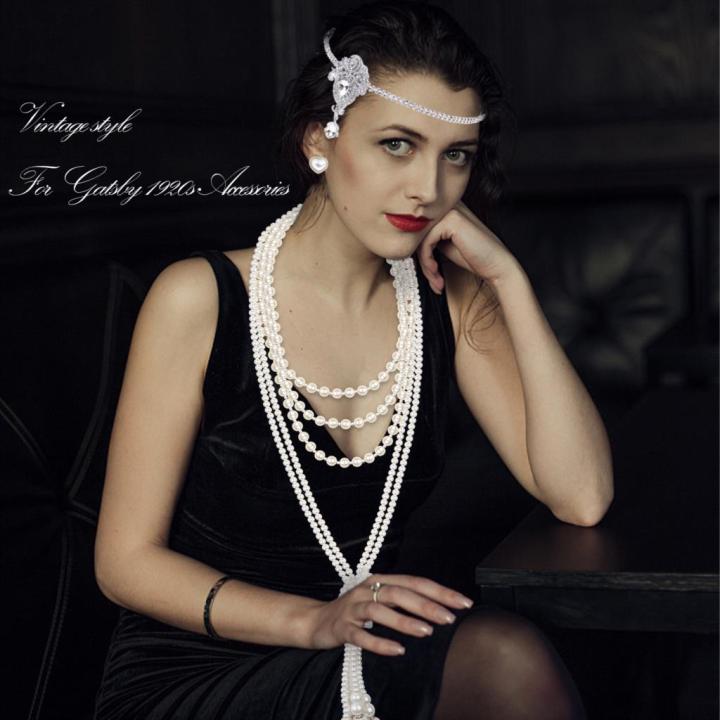 3Pcs%20Vintage%20Court%20Style%20Gatsby%20Jewelry%20Set%20Women%20Girls%201920s%20Vintage%20Costume%20Pearl%20Earring%20Necklace%20Hair%20Band%20-%20Image%204