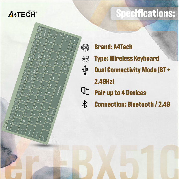A4TECH%20Fstyler%20FBX51C%20Multimode%20Rechargeable%20Mini%20Wireless%20Keyboard%20-%20Dual%20Connectivity%20(Bluetooth%20+%202.4GHz)%20-%20Rechargeable%20Design%20-%20Chocolate%20Keycaps%20-%20For%20Windows%20/%20Mac%20/%20iOS%20/%20Chrome%20/%20Android%20/%20Harmony%20OS.%20-%20Grey/Matcha%20Green%20-%20Image%204