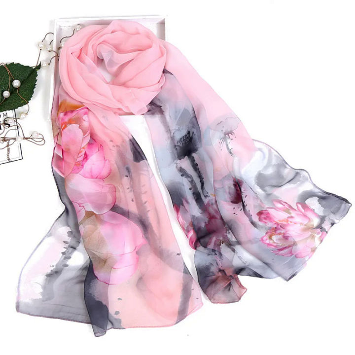 【selevn roind】Elegant Gauze Scarf Beach Printing Sunscreen Shawl Lotus Flower Design Elegant Pretty Madam Women Smooth Scarves 18 Style