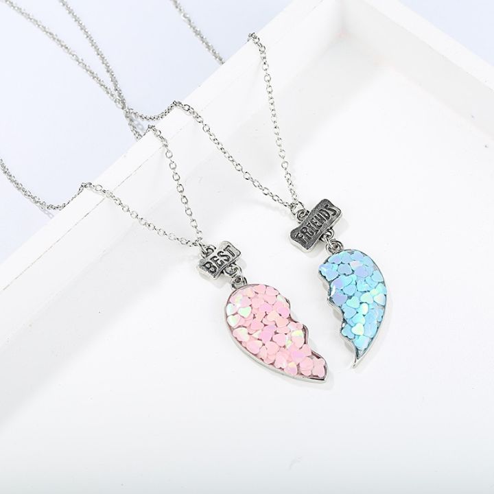 Hot%20Pink%20Blue%20Sequin%20Stitching%20Heart%20Broken%20Best%20Friends%20Necklace%20Pendant%20Chain%20BFF%20Friendship%20Jewelry%20Gifts%20For%20Kids%202PCS/Set%20-%20Image%204