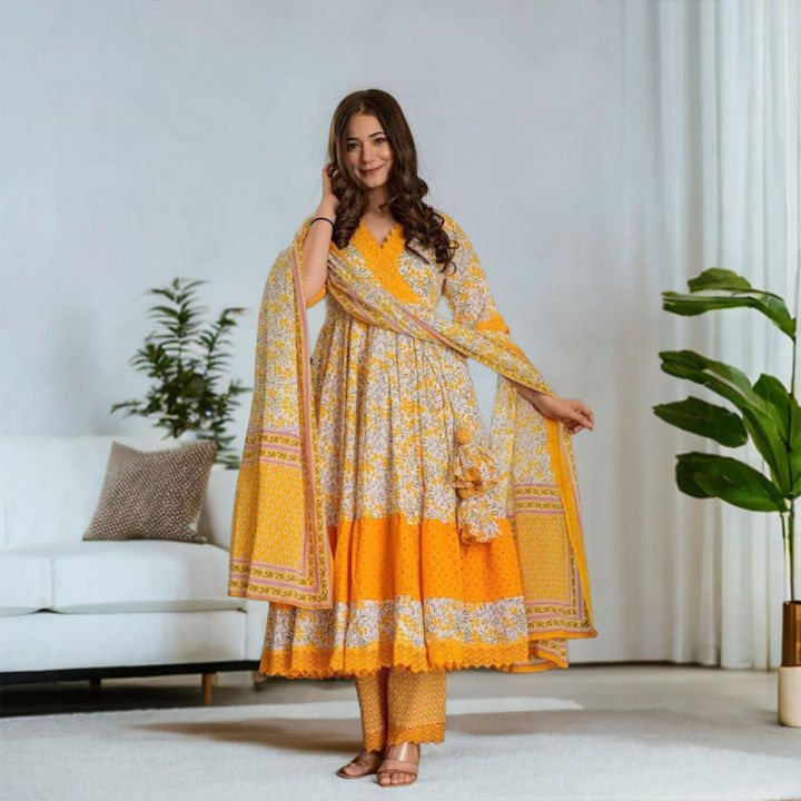 Women's Linen Long Salwar Kameez 3-Piece – Sizes 36-42, Elegant Printed Design