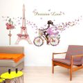 Romantic Paris Wall Sticker For Kids Rooms Eiffel Tower Flower Butterfly Fairy Girl Riding Wall Art Decal Home Decor Mural. 