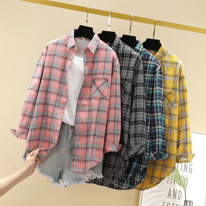 Plaid%20shirt%20women%20new%20Korean%20style%20all-match%20blouse%20loose%20long%20sleeve%20shirt%20-%20Image%203