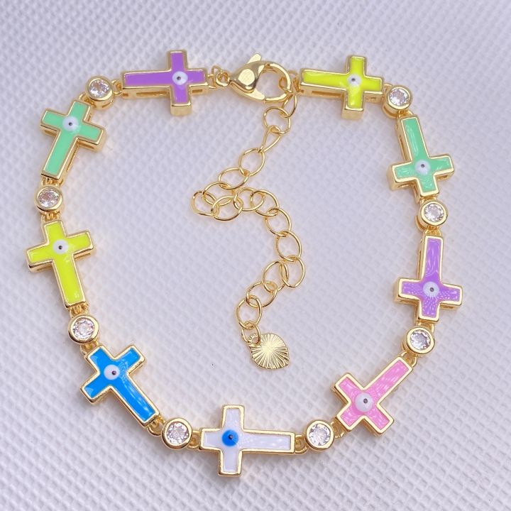 【Daily Necessities For Anyone Store】Greek Evil Eye Cross Charms Copper Zircon Enamel Colorful Chain For Women Plated Fashion Jewelry Statment