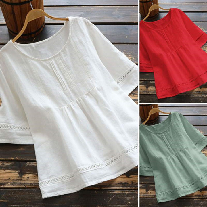 Sleeve Spliced Hollow Out Tops Blouse Round Neck Loose Ladies Retro Casual Petticoat Solid Color Cotton Linen Top Half Sleeve Round Neck Stitched Shirt Hollow Top Women Shirt Half