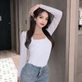 Black Square Collar Fleece-Lined Thickened Long-Sleeved Bottoming Shirt for Women Skinny Inner Match T T-shirt 2021 Winter and Spring All-Match Low Collar Top.