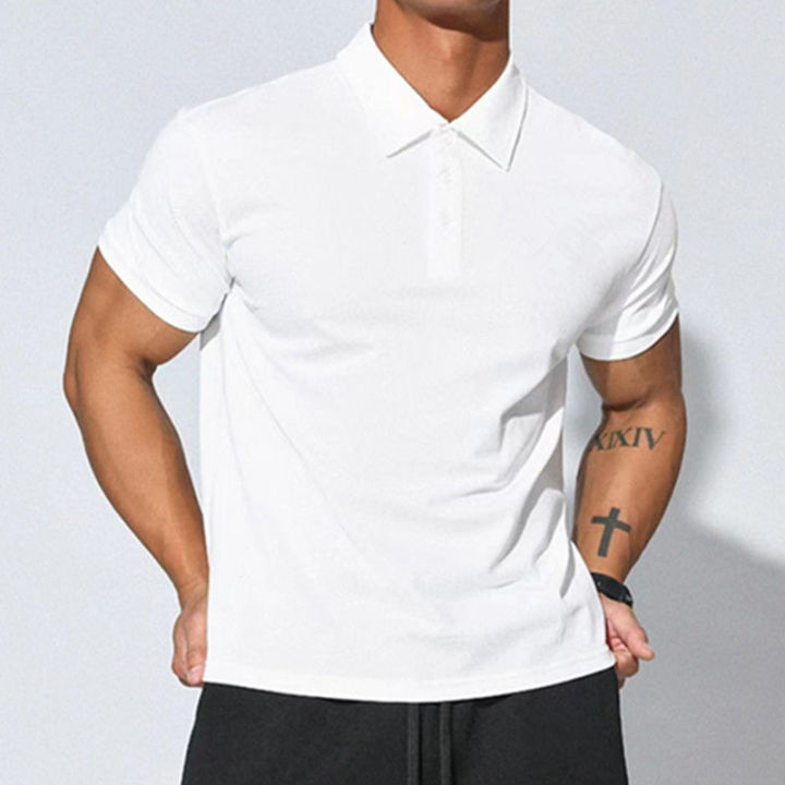 Summer%20New%20Sports%20Fitness%20Men%20Polo%20Shirt%20Lapel%20Short%20Sleeve%20Breathable%20Solid%20Color%20Slim%20Casual%20High%20Elastic%20Quick-Drying%20T-shirt%20-%20Image%202