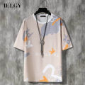 IELGY Japanese t-shirt short-sleeved men's printed loose round neck. 
