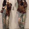 Women's National Fashion Ripped JeansinsTrendy American High Street Small ManhiphopHot Girl Pants Baggy Straight Trousers.