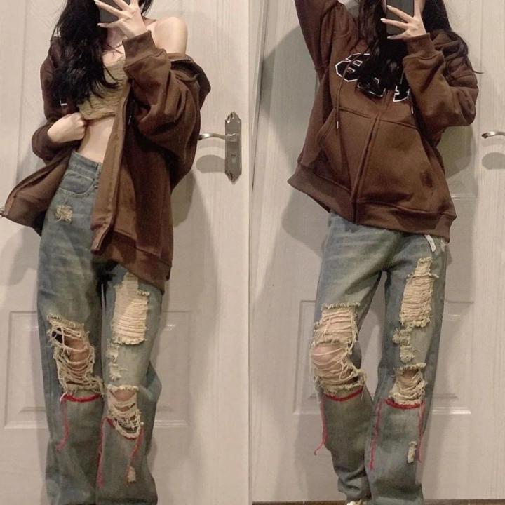 Women's National Fashion Ripped JeansinsTrendy American High Street Small ManhiphopHot Girl Pants Baggy Straight Trousers