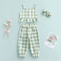 3 Pcs Infant Plaid Outfits, Girls Ruffled Boat Neck Tank Tops + Trousers with Pocket + Headband. 
