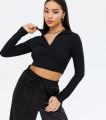 Ladies Collar Long Sleeve Ribbed Crop Top Blouse, Casual Fit, Stylish Slim Wear. 