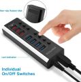 RSHTECH USB Hub Multi USB Splitter 7Ports Multiple Expander 3.0 Hub 5Gbps Data Transfer QC3.0 36W Individual On/Off Switches.