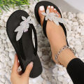 Women Slippers Summer New Fashion Round Toe Wedges Heel Comfortable Lightweight Flip Flops Soft Memory Foam Rhinestone Sandals.