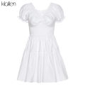 KLALIEN Fashion Elegant Solid White Dress Summer New Women Short Sleeve V Neck A-Line Dresses Party Vacation Street Wear.
