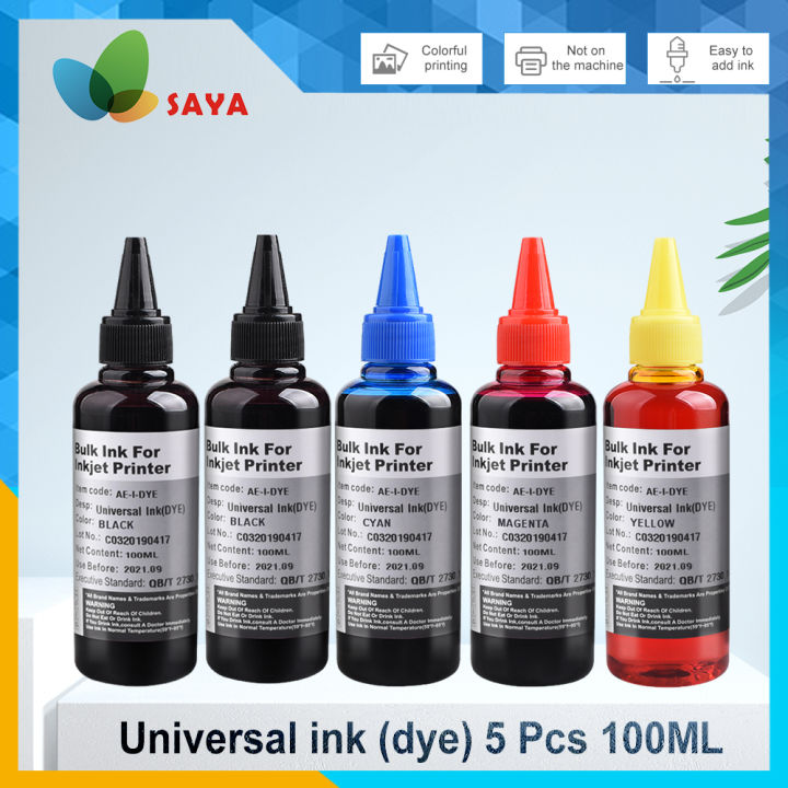 5x100ml Universal Dye Ink Refill for HP Canon Epson Brother Dell Deskjet Inkjet Printer, BK C M Y Bottle Tank Cartridge CISS Ink Luhuai CVC
