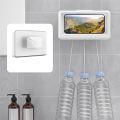 Bathroom Mobile Phone Holder Waterproof Touchable Case Wall Mounted Kitchen Toilet Smartphone Storage Box Stand, White Plastic.