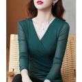 2023 Spring and Autumn New Korean Style Western Style Slim Fit Black Mesh Cross V Collar Bottoming Shirt Long-Sleeved Top T Women's T-shirt.
