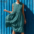 ZANZEA Womens Summer Sleeveless Tank Dress Casual Solid Cotton A-Line Midi Dresses #15. 