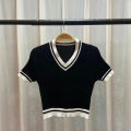 Women Cropped T Shirt Retro Knitted V-neck Pullover Tops Short-sleeved High-waisted Slim Fit Shirt. 