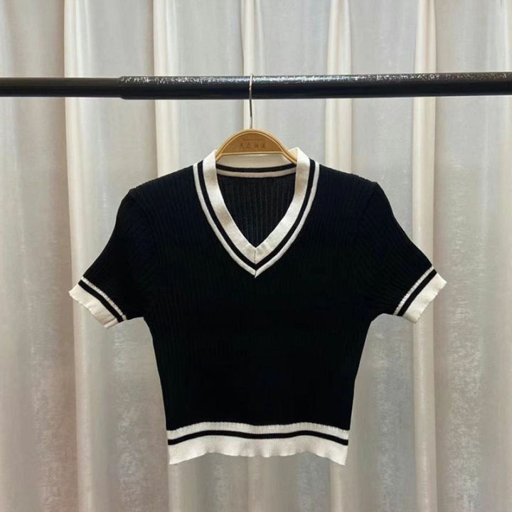 Women%20Cropped%20T%20Shirt%20Retro%20Knitted%20V-neck%20Pullover%20Tops%20Short-sleeved%20High-waisted%20Slim%20Fit%20Shirt%20-%20Image%208