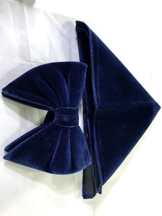 Velvet Bow Tie And Pocket Square Set For Men (Navy Blue)