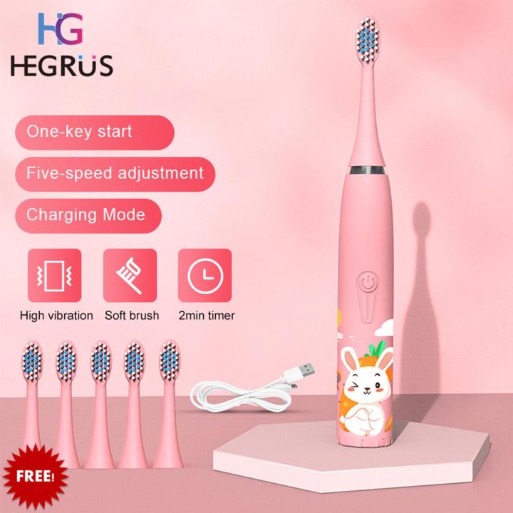 HEGRUS%20Electric%20Toothbrush%20Sonic%20Children's%20Electric%20Toothbrush%20Kids%203%20To%2012%20Years%20Old%20Cleaning%20Care%20Oral%20Bacteria%20Soft%20Hair%20Small%20Brush%20Head%206%20Replacement%20Brush%20Heads%20USB%20Charging%20Low%20Noise%20-%20Image%202