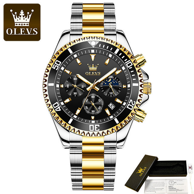 OLEVS 2870 silver gold green Men's Watch Quartz Waterproof Stainless Steel Analogue Business Multifunctional Design Calendar Chronograph - silver gold black