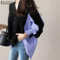 ZANZEA Korean Style Women Asymmetrical Hem High Low Shirt Smart Striped Patchwork Blouse Tops Shirt.