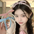 Temperament Pearl Hair Band Satin Bow Ribbon Hair Hoop Headwear for Women Jewellery Accessories.
