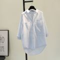 Double Pocket Front Short Back Long White Shirt for Women 2 023 Autumn Korean Style Loose Artistic bf Fashionable Casual Shirt.