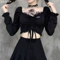 Goth Black Long Sleeve Corset Crop Tops Women Aesthetic V-Neck Velvet Lace Mesh T-Shirts Y2K Harajuku Vintage Fashion Tops. 