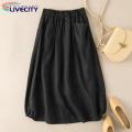A Line Skirt Buttons Decor Cotton Linen A-Line Casual Skirt.