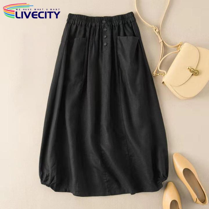 A%20Line%20Skirt%20Buttons%20Decor%20Cotton%20Linen%20A-Line%20Casual%20Skirt%20-%20Image%204