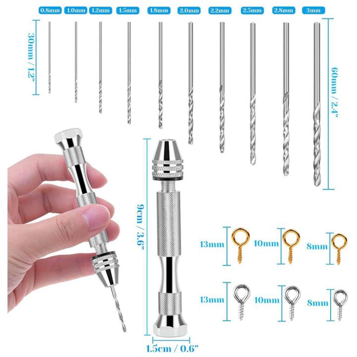 Resin Tools Kit with 1Pcs Pin Vise Hand Drill 10Pcs Drill Bits and 400Pcs Screw Eye Pins for DIY Keychain Pendant Making