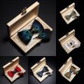 KAMBERFT design handmade feather bow tie brooch wooden box set high quality men's bowtie leather tie for wedding party banquet.