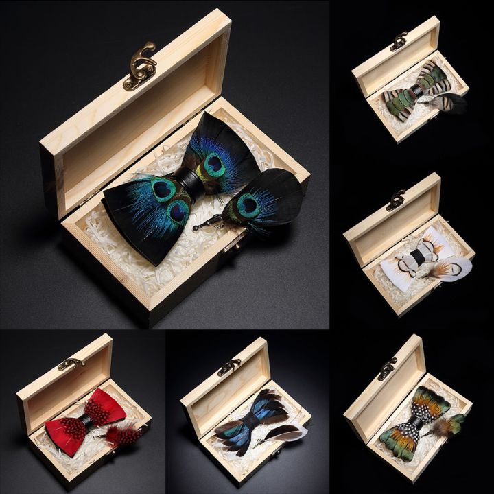 KAMBERFT%20design%20handmade%20feather%20bow%20tie%20brooch%20wooden%20box%20set%20high%20quality%20men's%20bowtie%20leather%20tie%20for%20wedding%20party%20banquet%20-%20Image%204