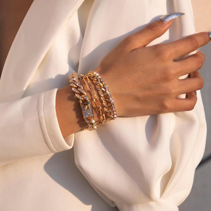 4Pcs/Set Luxury Shiny Rhinestone Bracelets Set Bangle Women Men Adjustable Clear Crystal Chunky Link Charm Bracelet Hand Jewelry