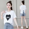 Hong Kong Style Retro Crew Neck Back Slit Love Short Sleeve T Women's Summer T-shirt chic Figure Flattering Back Split Top Fashion. 