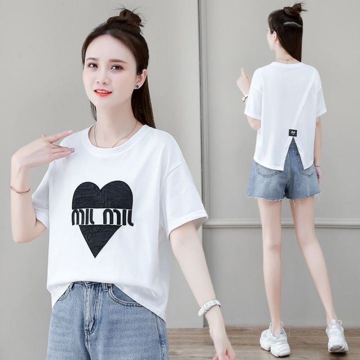 Hong%20Kong%20Style%20Retro%20Crew%20Neck%20Back%20Slit%20Love%20Short%20Sleeve%20T%20Women's%20Summer%20T-shirt%20chic%20Figure%20Flattering%20Back%20Split%20Top%20Fashion%20-%20Image%202