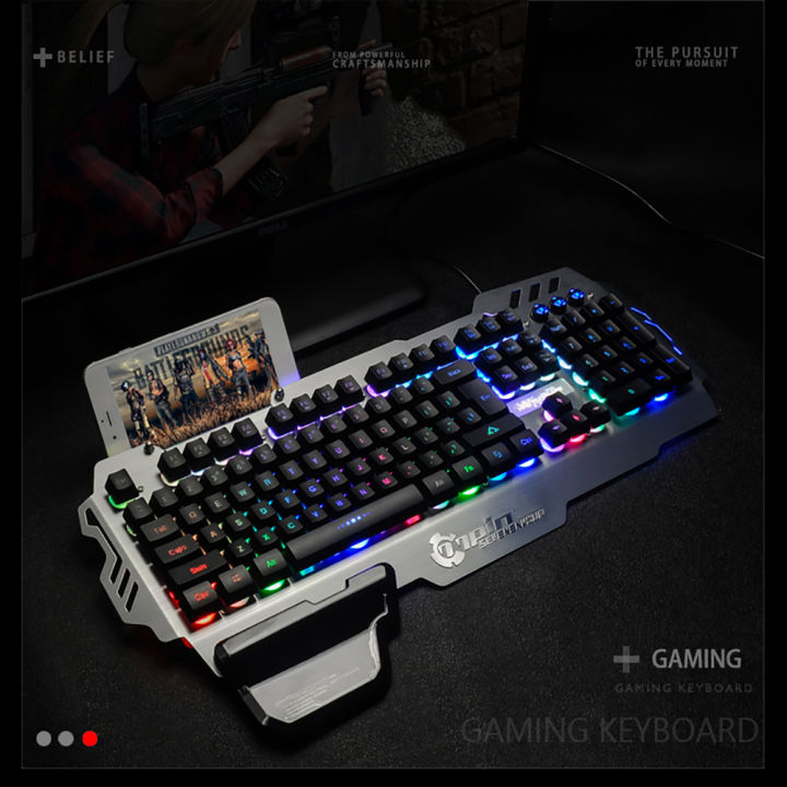 HXSJ%207Pin%20Pk-900%20Gaming%20Keyboard%20Rgb%20Backlight%20Computer%20Keyboard%20With%20Mo-bile%20P-hone%20HO-lder%20Wrist%20Rest%20S-ilver%20-%20Image%206