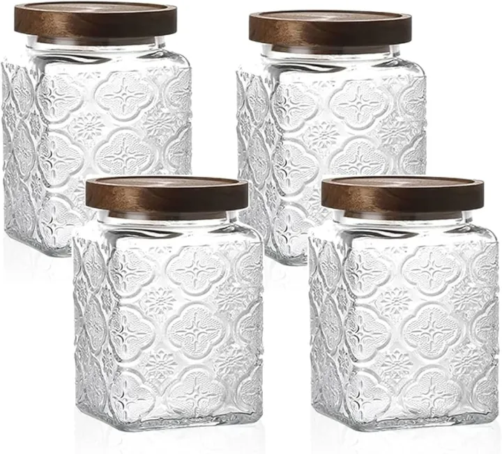 750%20ml%20(1%20pcs)%20Retro%20Sealed%20Glass%20Jar%20Storage%20Bottle%20Glass%20Kitchen%20Storage%20Food%20Container%20Grain%20Jar%20with%20Wood%20Lid%20Mason%20Jars%20Embossed%20Begonia%20-%20Image%202