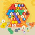 Wood Honeycomb Puzzle Color Number Match with 6 Dices Bee Hive Game Stacking Block for Early Educational Montessori Boy Girl Preschool Kids. 