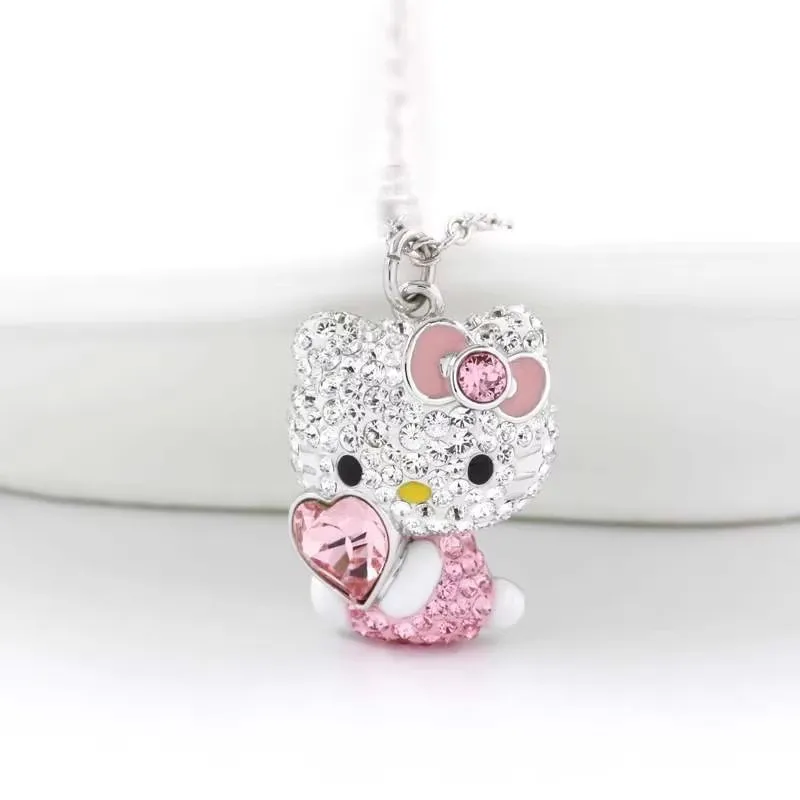 Austrian Crystal Hello Kitty Pink Cute Cat Head Heart Necklace