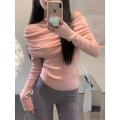 Idle Style off-Shoulder Collarbone Knitted Sweater Spring Gentle Slim Fit Slimming Thin Long Sleeve Bottoming Shirt Top. 