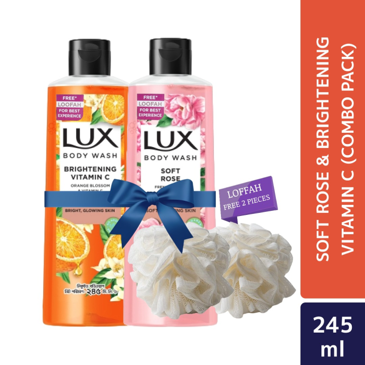 Lux Body Wash Soft Rose & Brightening Vitamin C 245ml Combo Pack (Free Loofah)