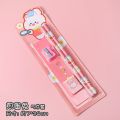 Set of 2 pencils cartoon stationery, 1 ruler, 1 eraser, 1 pencil sharpener. 