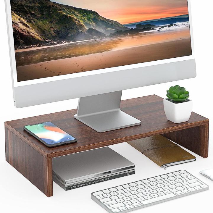 TV PC Desktop Modern Computer Monitor Stand Computer Monitor Riser with 16.7 Inch Shelf, Wood Desktop Stand for Laptop Computer Screen, Desk Organization, Office Supplies